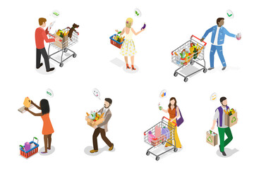 Fototapeta premium 3D Isometric Flat Illustration of Happy Shoppers, People Having Good Time in a Mall or Grocery Store