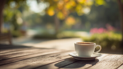 A coffee cup on a table, a peaceful morning in the park