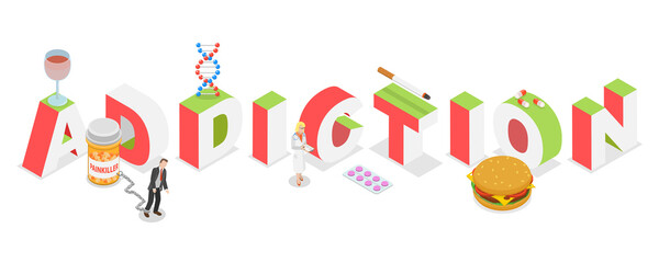 3D Isometric Flat  Illustration of Addiction, Stoop Bad Habits