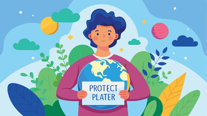 Emphasizing environmental awareness through a joyful character holding a sign for protection of the planet surrounded by lush greenery under a bright blue sky