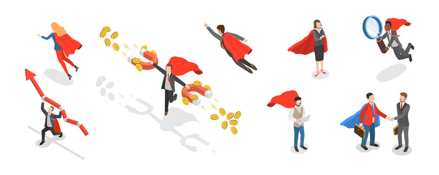 3D Isometric Flat  Set of Hero Persons, Superhero Business Persons Various Poses