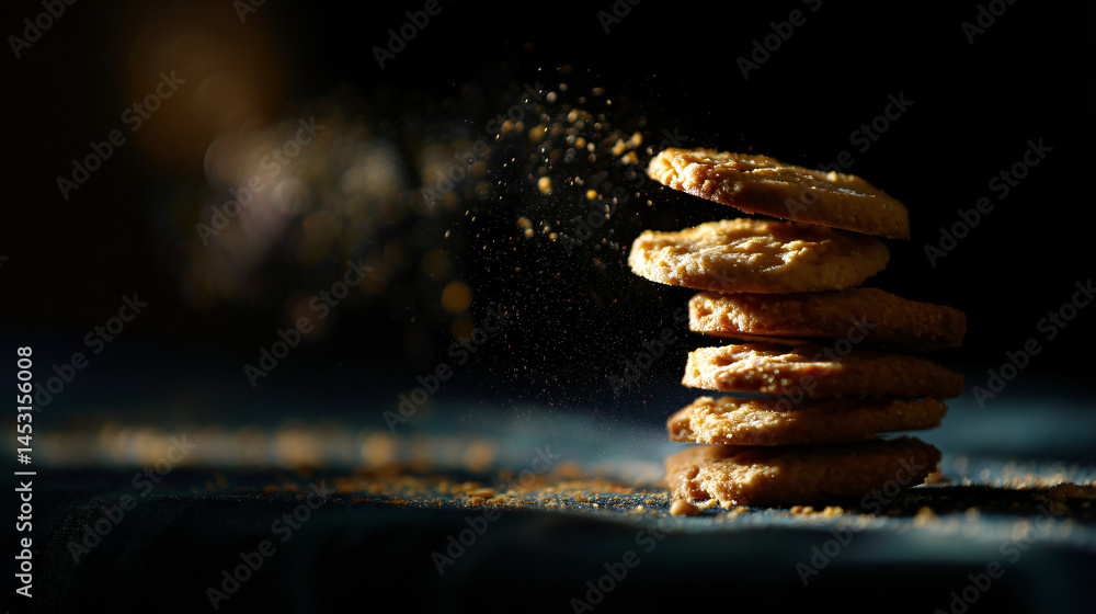 Poster a stack of cooky falling through the air, ready to catch and savour