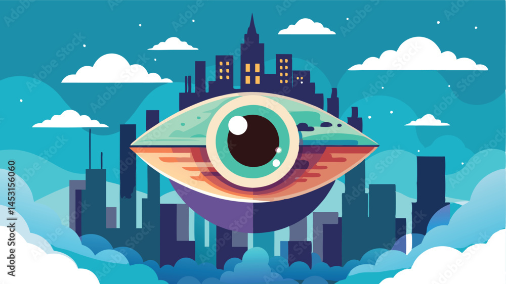Poster vector illustration of a large eye hovering above a stylized city skyline with clouds, showcasing a 