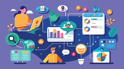 Creative vector illustration showcasing digital communication and networking activities among diverse people in a visually engaging environment