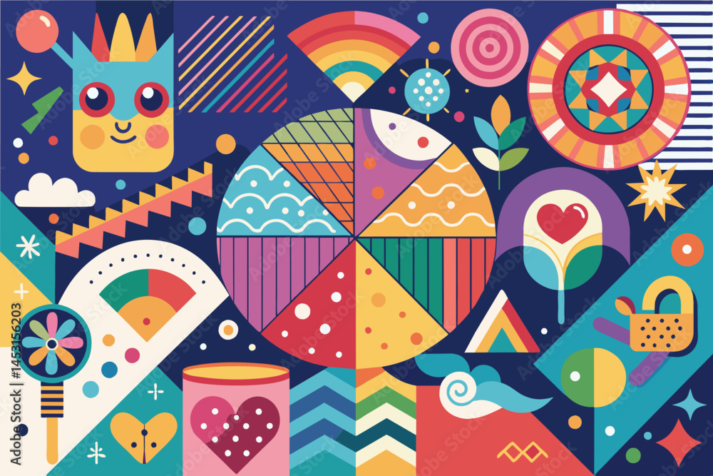Poster colorful geometric vector illustration featuring various shapes, patterns, and vibrant colors ideal 