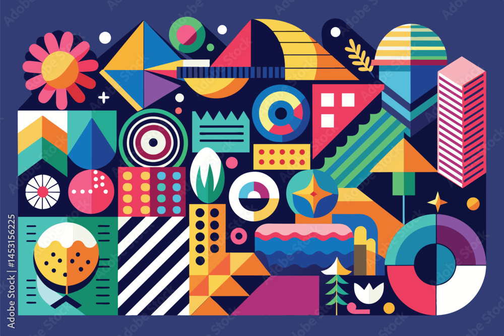 Poster colorful geometric vector illustration featuring various shapes, patterns, and vibrant colors ideal 