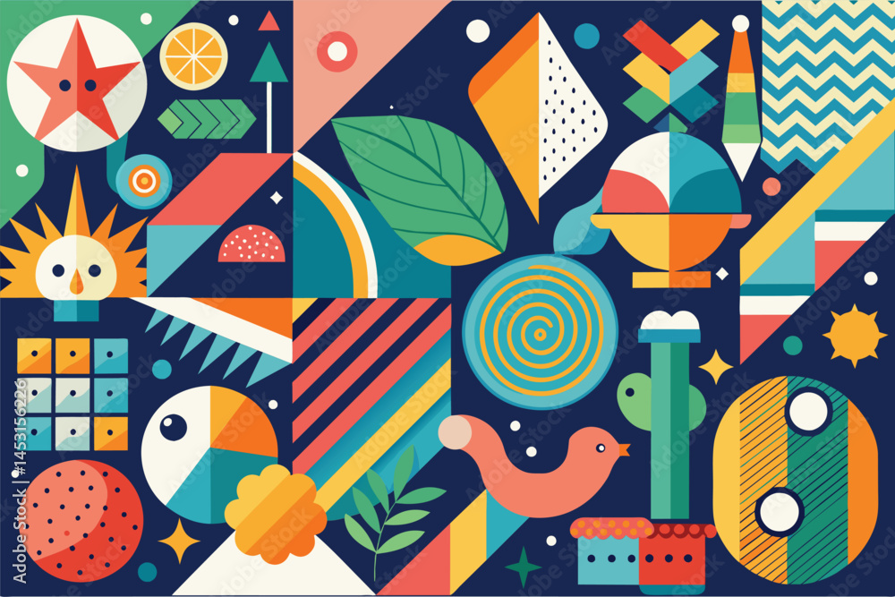 Poster colorful geometric vector illustration featuring various shapes, patterns, and vibrant colors ideal 