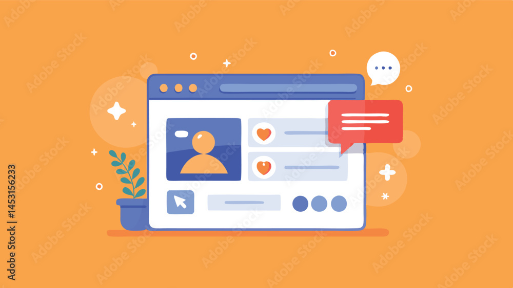 Poster Vector illustration of a user profile interface with colorful design elements and leaves representing a digital environment