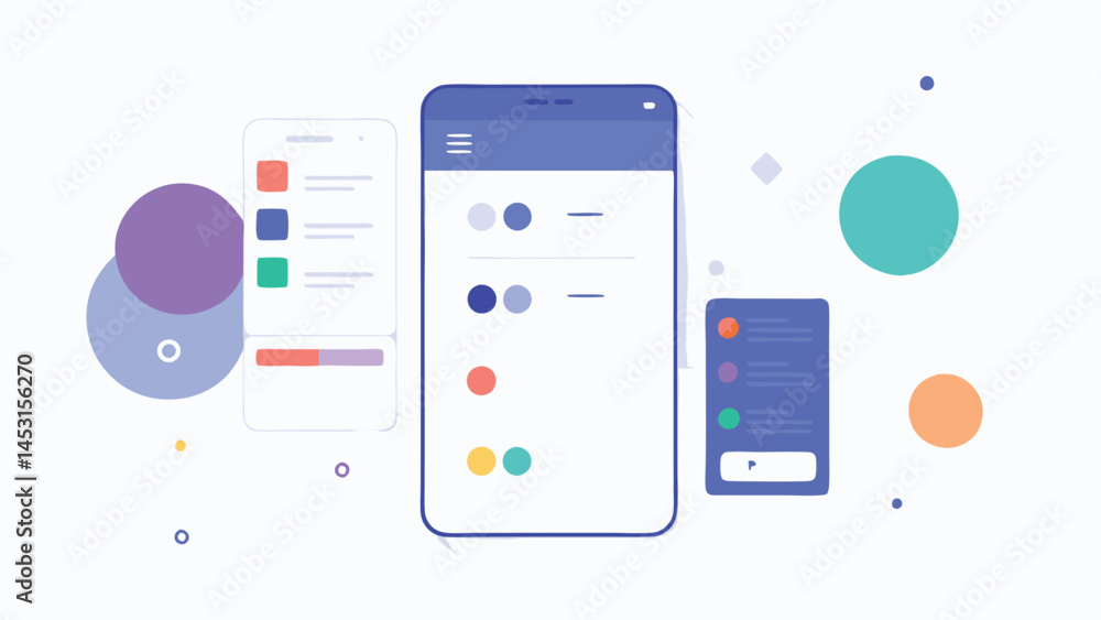 Poster Vector illustration of modern mobile application interface showcasing data visualization and interaction design with vibrant shapes and colors in a minimalistic layout