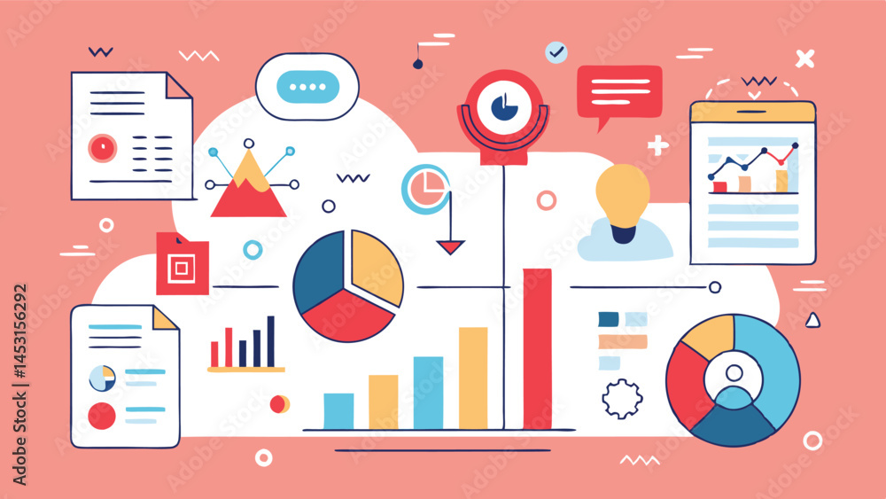 Aufkleber colorful vector illustration depicting various data analysis elements including graphs, charts, and 