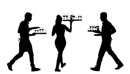 Hurry crew in rush waiters holding tray with order drinks for guests vector silhouette isolated. Restaurant servant taking orders. Pub workers serve wine drinks for guests. Barman cocktails beverage.
