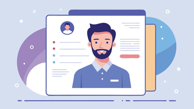 Vector illustration depicting a young professional with a resume and speech bubbles in a creative design setting - Powered by Adobe