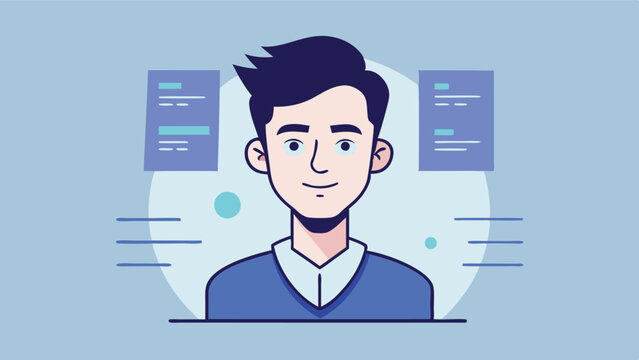 Vector illustration depicting a young professional with a resume and speech bubbles in a creative design setting