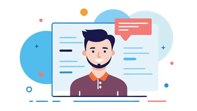 Vector illustration depicting a young professional with a resume and speech bubbles in a creative design setting