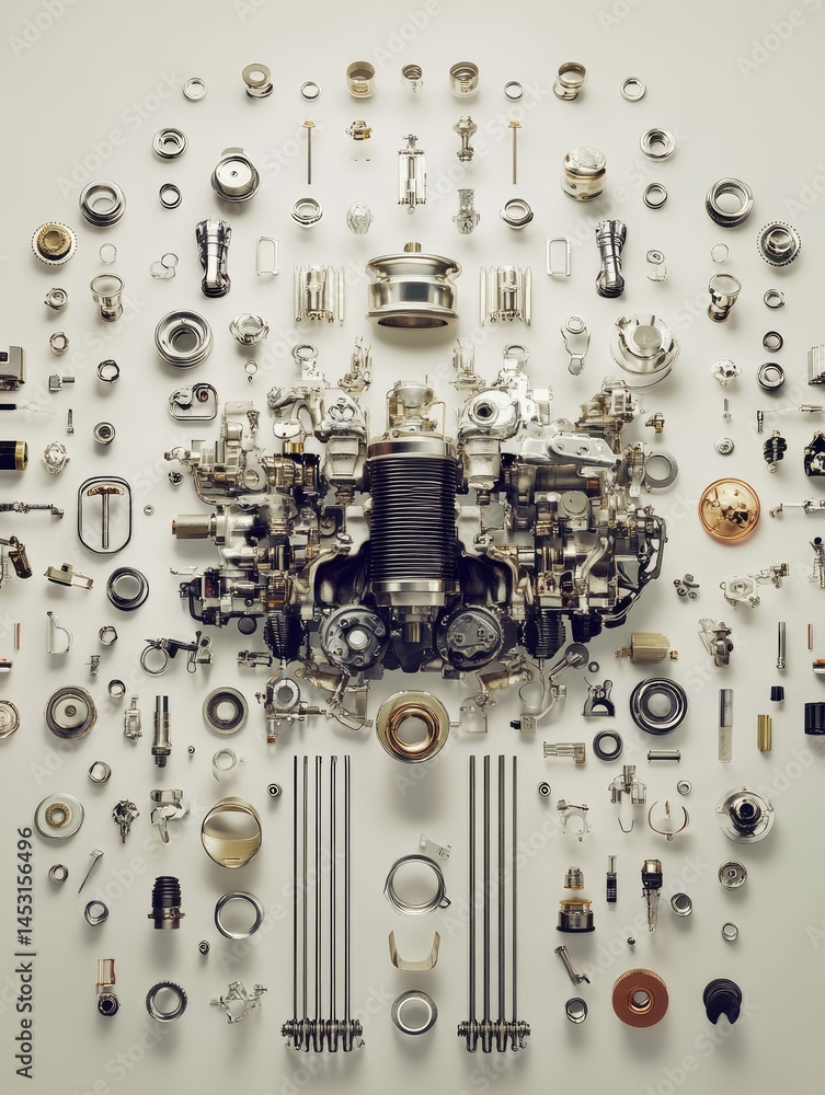 Poster an artistic arrangement featuring an assembly of metallic mechanical components against a light back