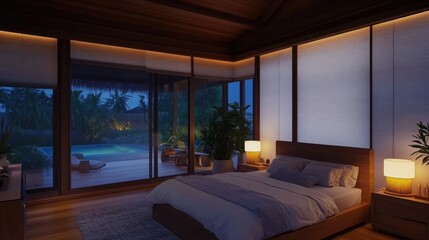 Fototapeta premium Ambient bedroom light system adjusting automatically to daylight through smart blinds