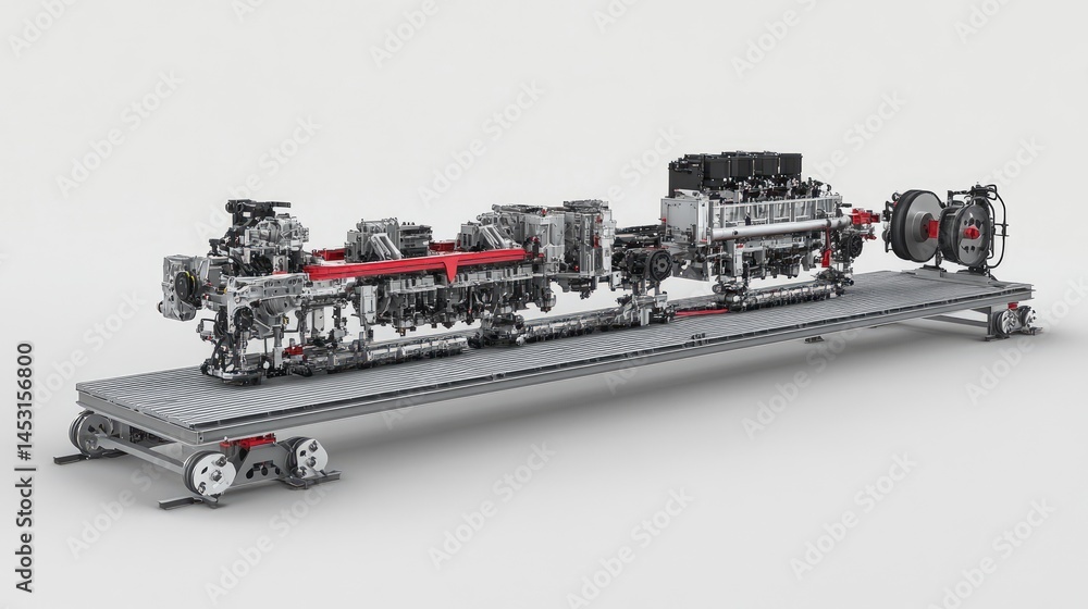 Poster detailed model of a mechanical structure on a flatbed. it showcases intricate mechanical components 