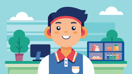 Vector illustration of a friendly shopkeeper standing in front of colorful buildings against a bright blue sky with fluffy clouds on a sunny day