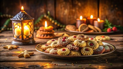 Naklejka premium Delicious Moroccan Festive Cookies in Low Light, Warm Ambiance