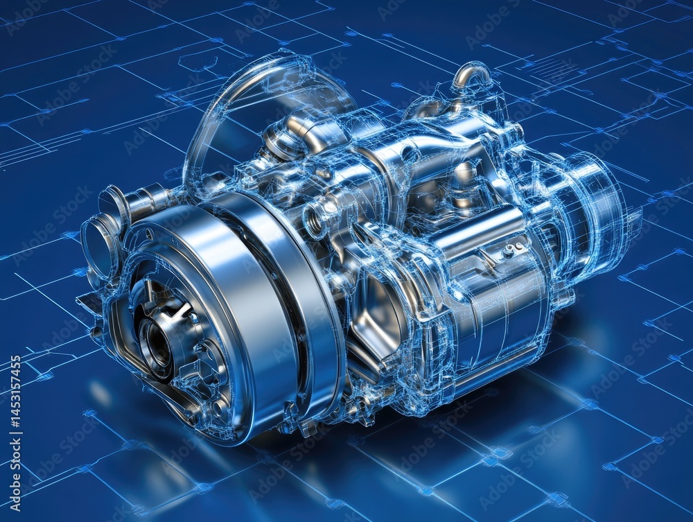 Poster detailed metallic engine design with complex internal components rendered on a digital blue circuit 