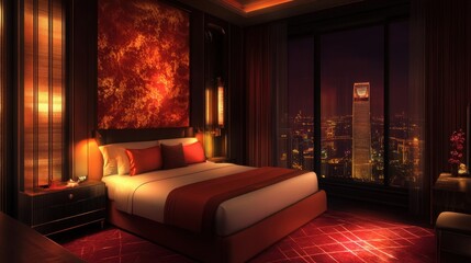 Bedroom with auto-dimming lights and voice-activated TV system