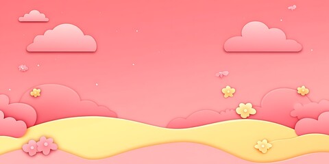 Whimsical pastel landscape with clouds and flowers,dreamy and soft color palette