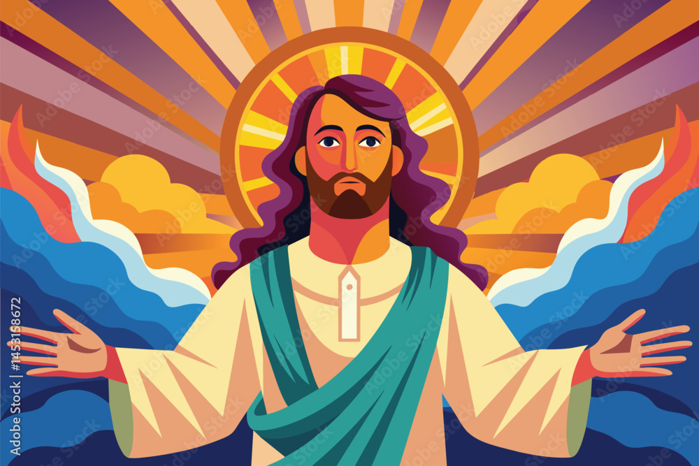 Poster vector illustration of a serene figure with open arms against a vibrant backdrop of sun and mountain