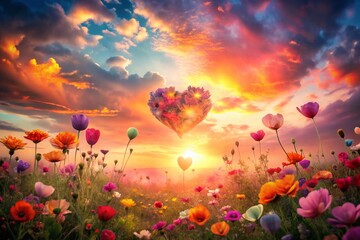 Fototapeta premium Double Exposure: Dreamy Meadow of Heart-Shaped Flowers, Romantic Spring Landscape