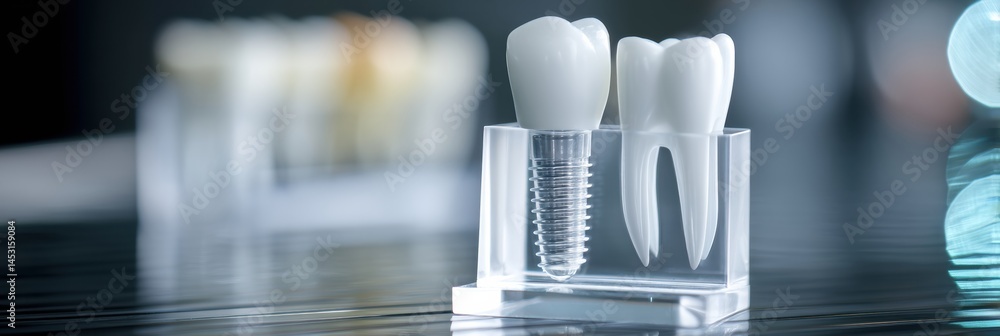 Poster close-up view of a clean white dental implant alongside a natural tooth in a clear gum model setting