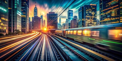 Fototapeta premium Double Exposure: Subway Train & City Lights - Urban Transit Stock Photo