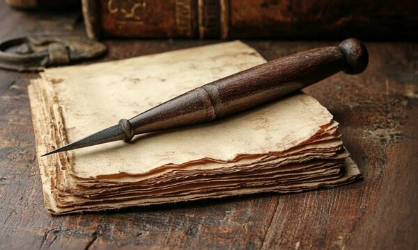 A vintage tool rests on aged parchment, showcasing rustic craftsmanship.