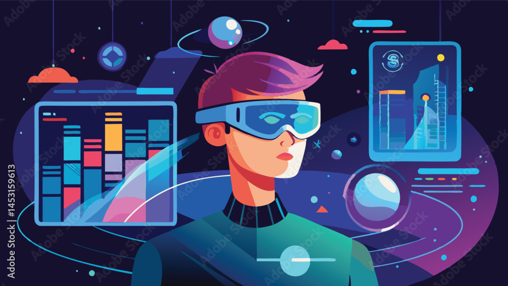 Poster futuristic vector illustration of a person in a high-tech environment with data displays, planets, a