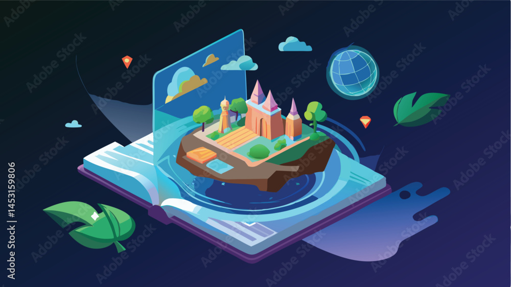 Poster Vibrant vector illustration depicting a fantasy landscape with a castle, waterfall, trees, and floating elements in a playful and colorful setting