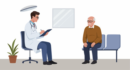 Elderly Man Sitting, Doctor Taking Notes, Medical Office Background  