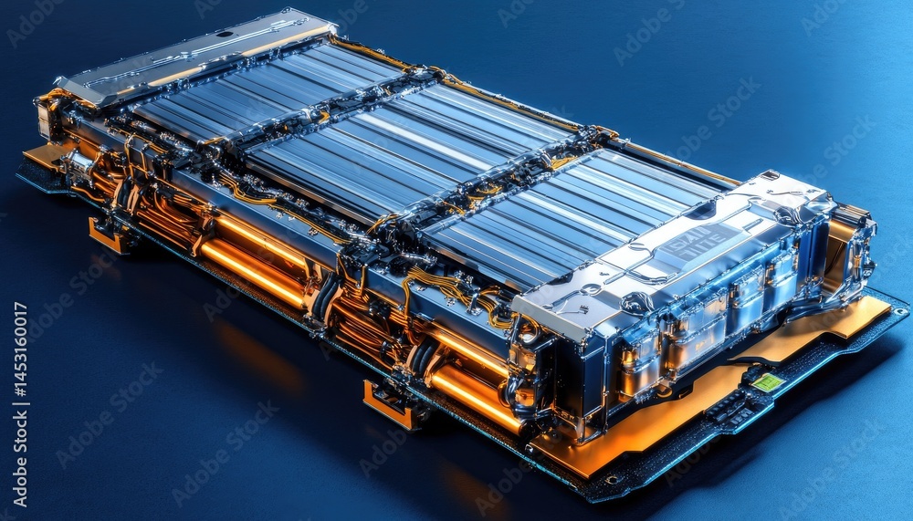 Poster close-up of a metallic rectangular structure with interconnected cells and glowing orange lights. th