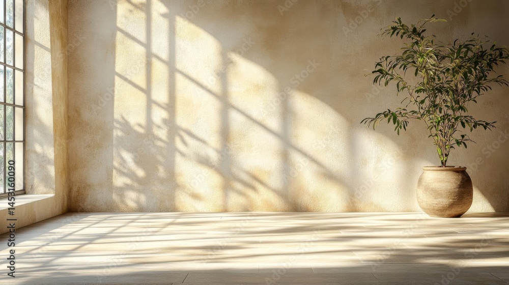 Poster sunlight streams into empty room with houseplant, creating warm atmosphere