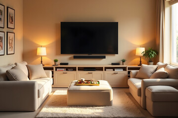 Modern living room interior design featuring comfortable furniture and ambient lighting