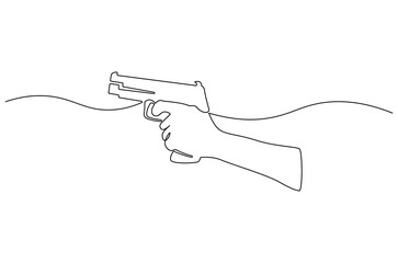 Continuous one line drawing of Hand holding gun. Single line drawing illustration of Holds a machine gun. shoot on target concept vector art. Doodle line illustration.