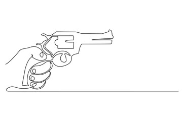Continuous one line drawing of Hand holding gun. Single line drawing illustration of Holds a machine gun. shoot on target concept vector art. Doodle line illustration.