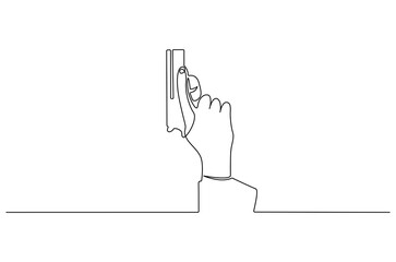 Obraz premium Continuous one line drawing of Hand holding gun. Single line drawing illustration of Holds a machine gun. shoot on target concept vector art. Doodle line illustration.