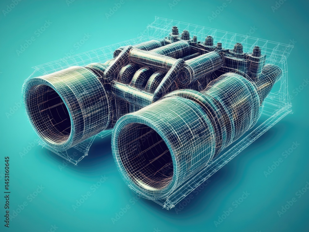 Poster abstract render of a metallic engine component highlighted by scattered particles against a teal bac