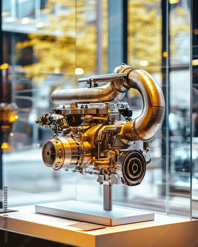 Aufkleber close-up of a metallic engine displayed behind glass with reflections of a blurred background and wa