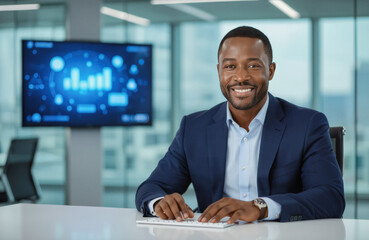 A smiling Black man in a navy blue suit sits at a desk in a modern office, looking directly at the camera with a confident expression while a data visualization is displayed on a large screen behind