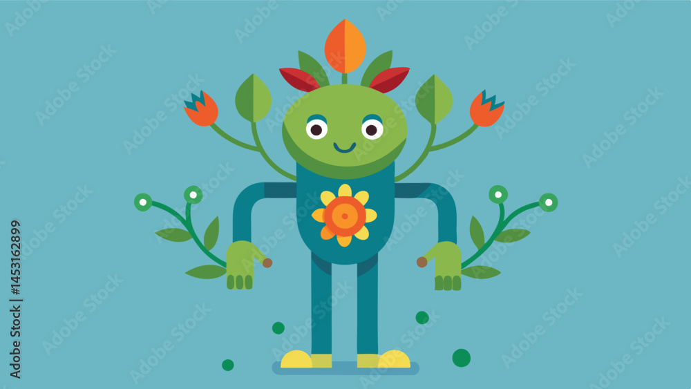 Poster colorful vector illustration of a whimsical plant character with green leaves and playful features i