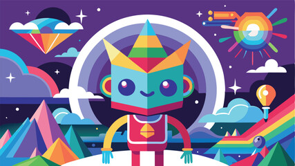 Colorful vector illustration of a whimsical character standing in a vibrant landscape with mountains and clouds during a bright sunny day