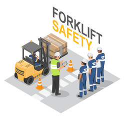 Forklift safety training session with warehouse workers learning proper operation procedures and hazard prevention under supervisor guidance