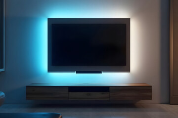 Fototapeta premium Modern living room television setup with ambient lighting and floating wooden cabinet