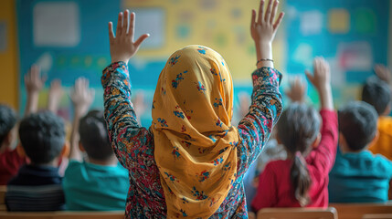 Student raising hand in classroom