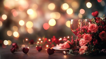 Romantic Valentine's Day Dinner Setting with Elegant Wine Glasses Red Roses Heart Decorations Soft Bokeh Lights Warm Atmosphere Intimate Celebration