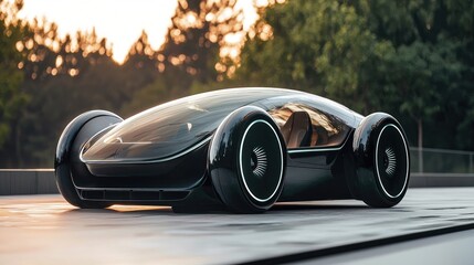 Futuristic vehicle on a paved roadway at dawn.
